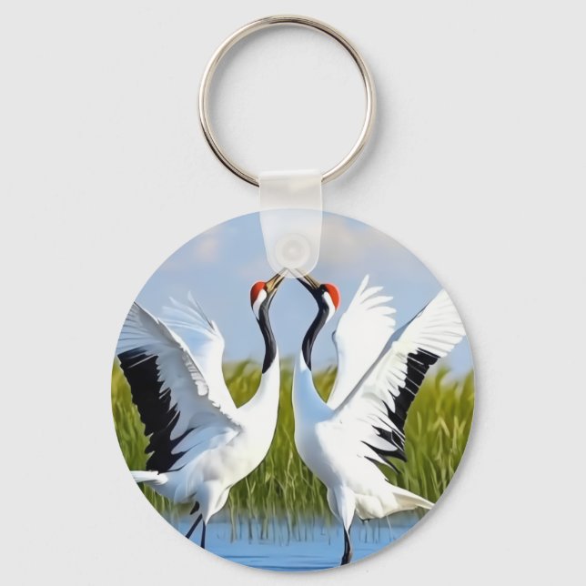 Graceful Dance of Red-Crowned Cranes Keychain (Front)