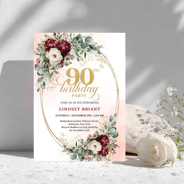 Graceful Deep Red Floral Gold 90th Birthday Invite (Graceful Deep Red Floral Gold 90th Birthday Invitation)