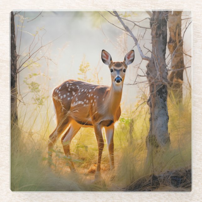 Graceful Deer in the Forest Nature Design Glass Coaster (Front)