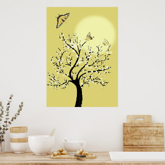 Graceful dreamy sunlit tree with butterflies  poster