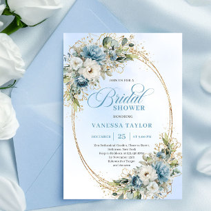 Graceful Dusty Blue Floral Bridal Shower Invites