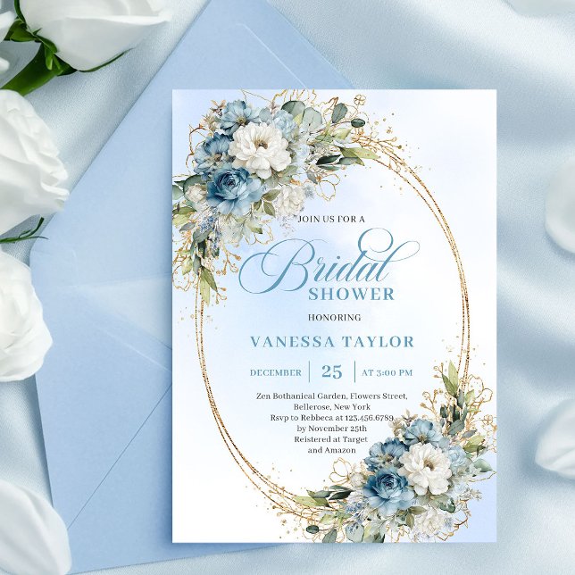 Graceful Dusty Blue Floral Eucalyptus Bridal Showe Invitation (Graceful Dusty Blue Floral Eucalyptus Bridal Shower Invite)