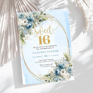 Graceful Dusty Blue Floral Sweet Sixteen Invites