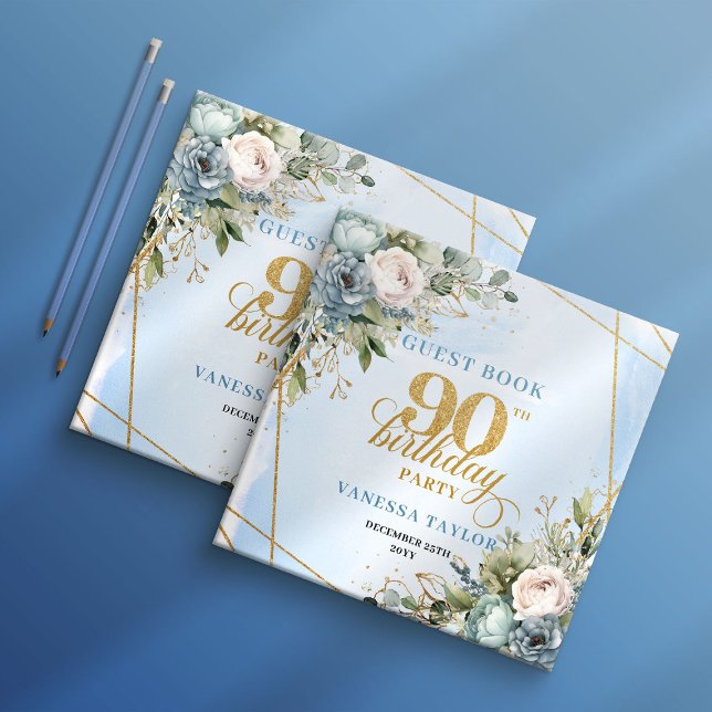 Graceful Dusty Blue Gold 90th Birthday Guest Book (Graceful Dusty Blue Gold 90th Birthday Guest Book)