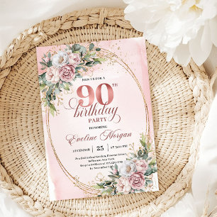 Graceful Dusty Pink Gold Floral 90th Birthday   Invitation