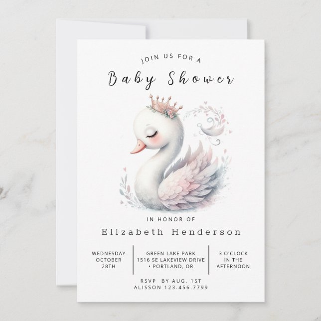Graceful Editable Swan Baby Shower Invitation (Front)