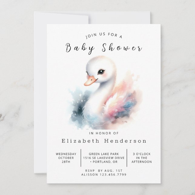 Graceful Editable Swan Baby Shower Invitation (Front)