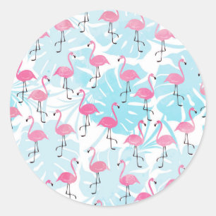 Graceful flamingos and monstera leaves classic round sticker