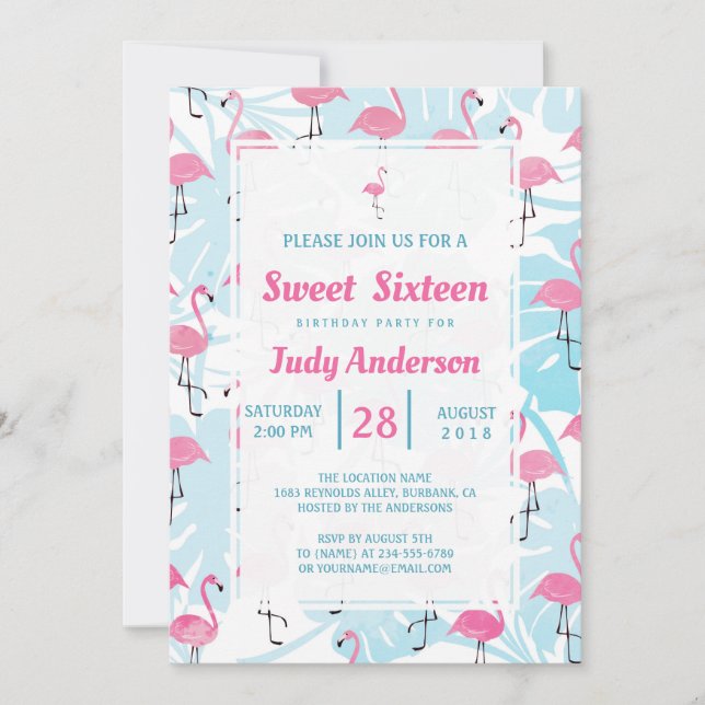 Graceful flamingos and monstera leaves             invitation (Front)