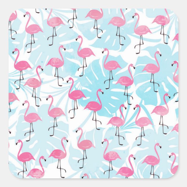 Graceful flamingos and monstera leaves square sticker (Front)