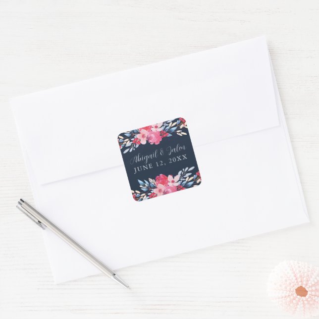 Graceful Floral Pink and Dusty Blue Wedding Square Sticker (Envelope)