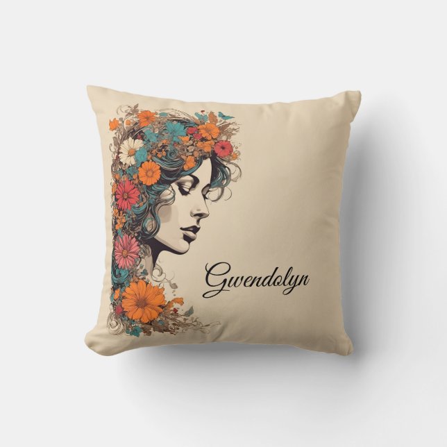 Graceful Floral Portrait Custom Name Throw Pillow (Front)