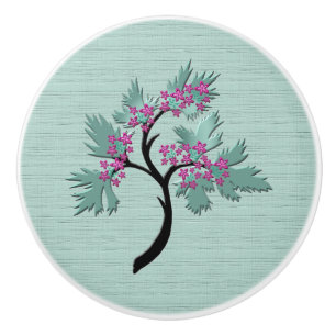 Graceful Flowering Tree Green + Plum Ceramic Knob