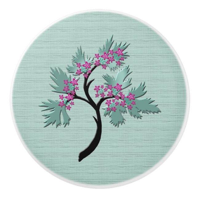 Graceful Flowering Tree Green + Plum  Ceramic Knob (Front)