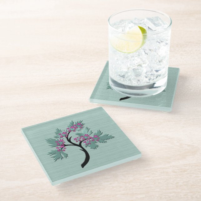 Graceful Flowering Tree Green + Plum  Glass Coaster (Angled)