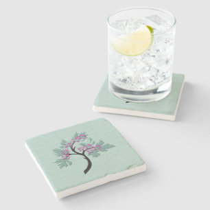 Graceful Flowering Tree Green + Plum Marble Stone Coaster