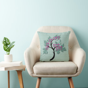 Graceful Flowering Tree Green + Plum Throw Pillow
