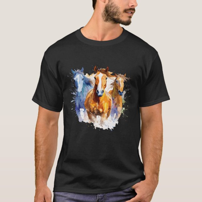 Graceful Gallop Watercolor Style Horses Running T-Shirt (Front)