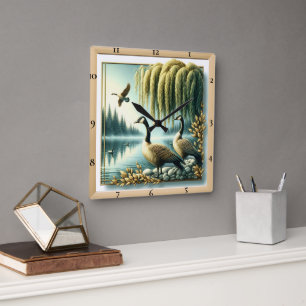 Graceful Geese Under Willow Square Wall Clock