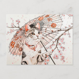 Graceful Geisha Cat with Ornate Parasol and Cherry Postcard