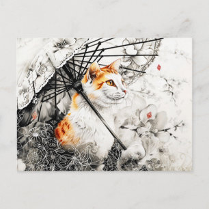 Graceful Geisha Cat with White Orchids in Chinese Postcard