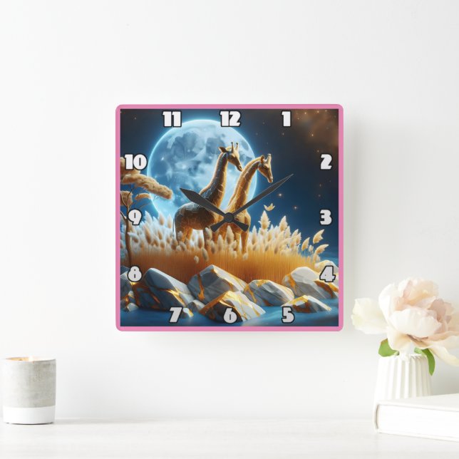 Graceful giraffes under a glowing moon in Africa Square Wall Clock (Home)