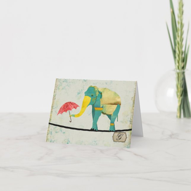 Graceful Gold Elephant Monogram Notecard (Front)