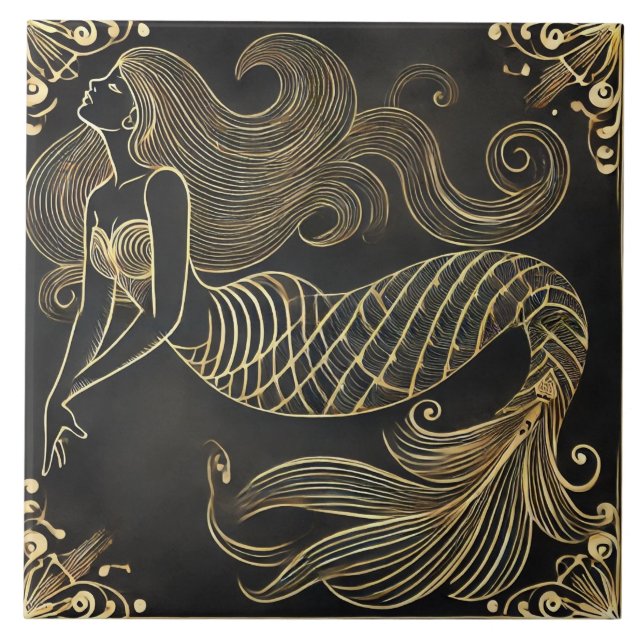 Graceful Golden Mermaid Art Deco Tile (Front)