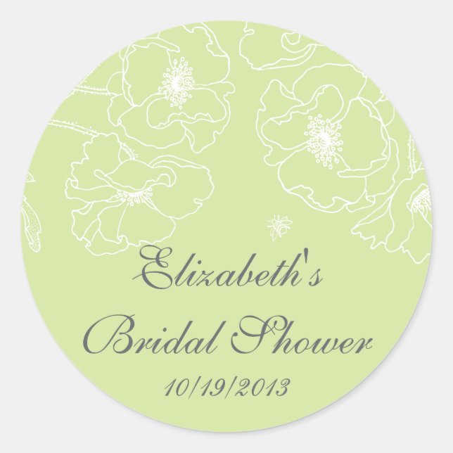 Graceful Green Poppy Floral Bridal Shower Square Classic Round Sticker (Front)