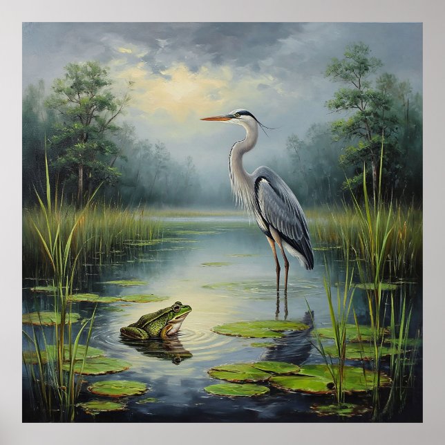 Graceful Heron in a Serene Pond Amid Lush Greenery Poster (Front)