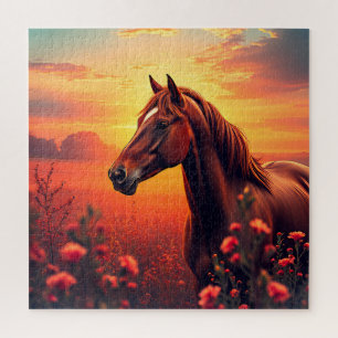 Graceful Horse Standing in a Vibrant Meadow at Sun Jigsaw Puzzle