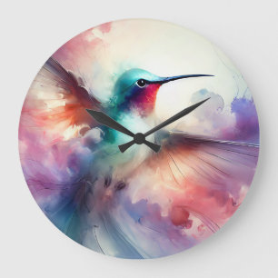 Graceful Hummingbird in Watercolor Large Clock