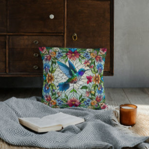 Graceful Hummingbird with Stained Glass Effect Throw Pillow