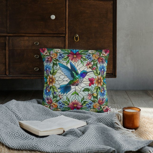 Graceful Hummingbird with Stained Glass Effect Throw Pillow (Creator Uploaded)