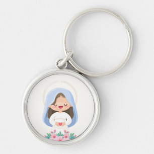 Graceful Kawaii Virgin Mary Holding Heart – White Keychain