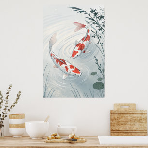 "Graceful Koi: Serene Water Garden Illustration Poster