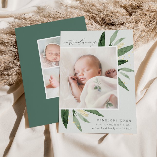 Graceful Leaves | Gold Foil Birth Announcement (Creator Uploaded)