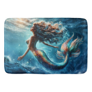 Graceful mythical sea dweller mermaid scene bath mat