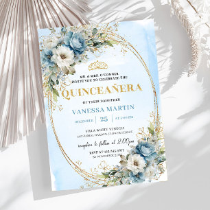 Graceful Pastel Blue Gold Eucalyptus Quince 15 Invitation
