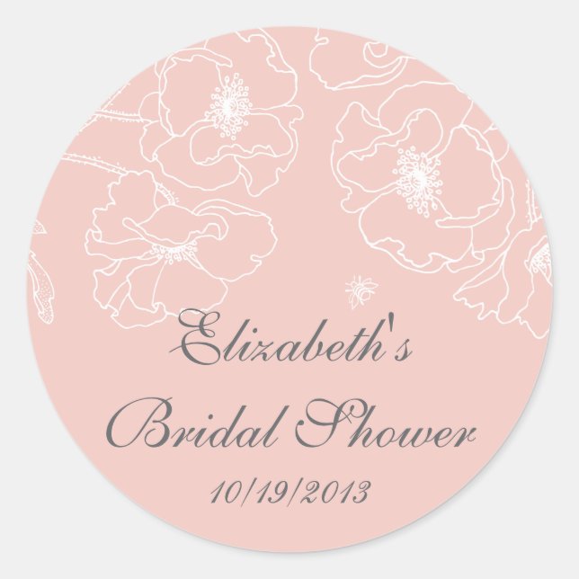 Graceful Pink Poppy Floral Bridal Shower Square Classic Round Sticker (Front)