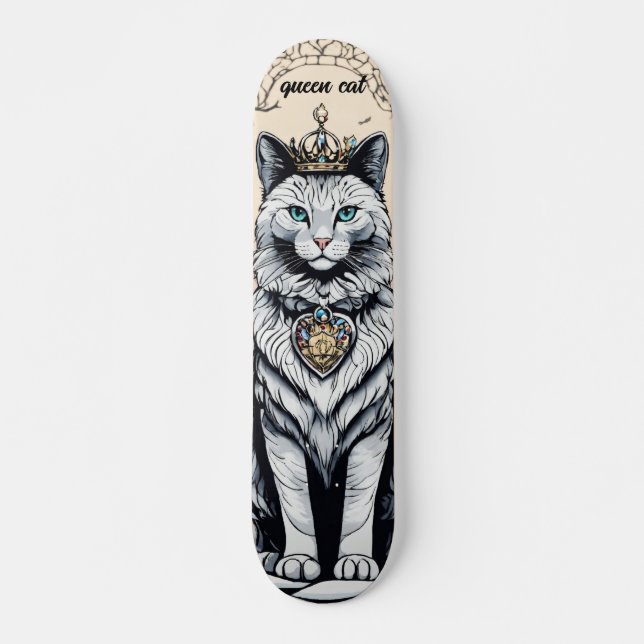 Graceful Queen Cat: Elegant Skateboard Design" (Front)