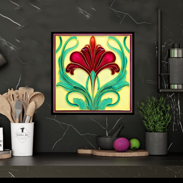 Graceful Red Flower Art Deco Ceramic Tile (Creator Uploaded)