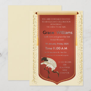 Graceful Red Scroll & Crane Bridal Shower Invitati Invitation
