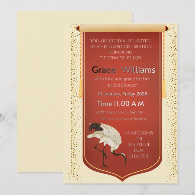 Graceful Red Scroll & Crane Bridal Shower Invitati Invitation (Front/Back)
