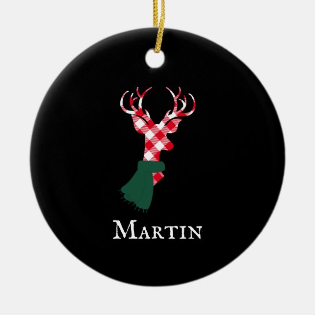 Graceful Reindeer Red Plaid Personalized Name Ceramic Ornament (Front)