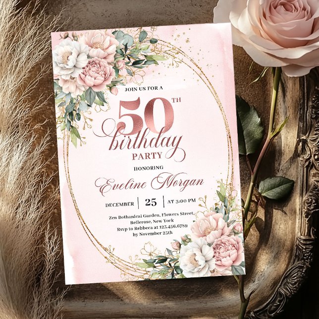 Graceful Rose Gold Floral 50th Birthday Invite (Graceful Rose Gold Floral 50th Birthday Invite)