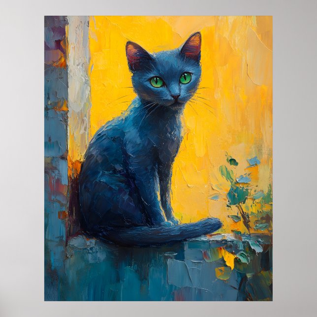 Graceful Russian Blue Cat – Sunset Balcony Moment Poster (Front)