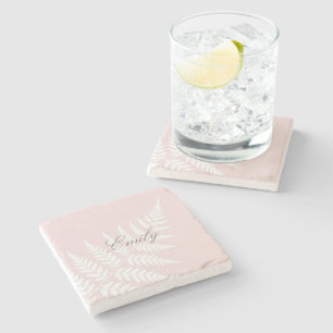 Graceful Script Name Blush Pink White Fern Stone Coaster