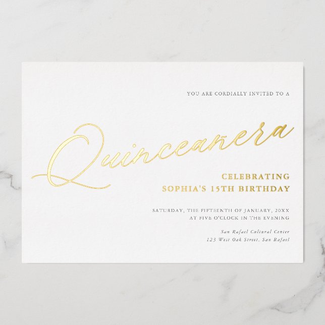 Graceful Script Quinceañera Birthday Party Gold (Front)