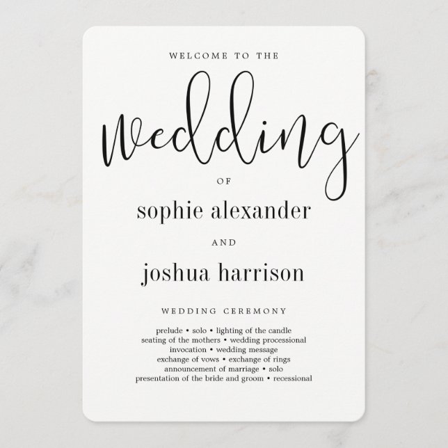 Graceful Script Wedding Ceremony Program Black (Front)